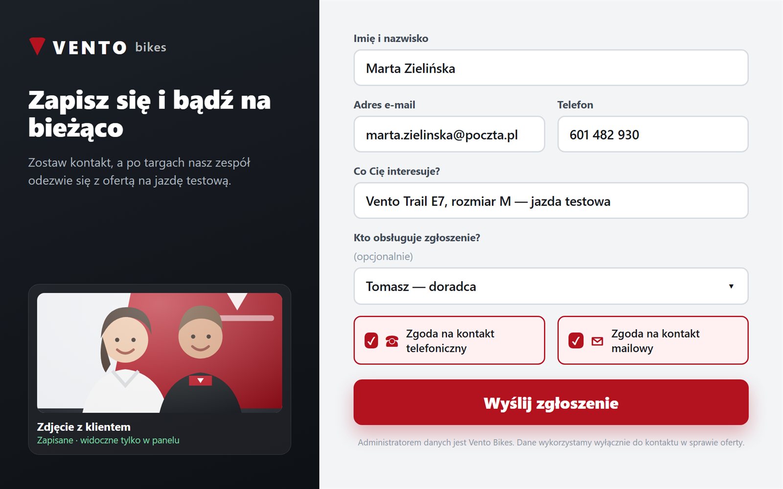 Ekran aplikacji: Formularz zapisu