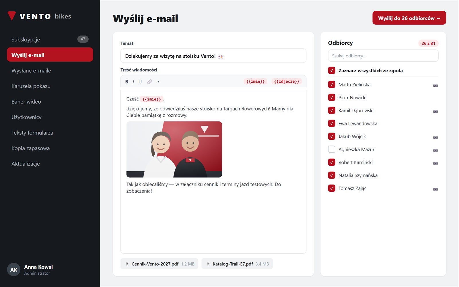 Ekran aplikacji: Mailing po targach