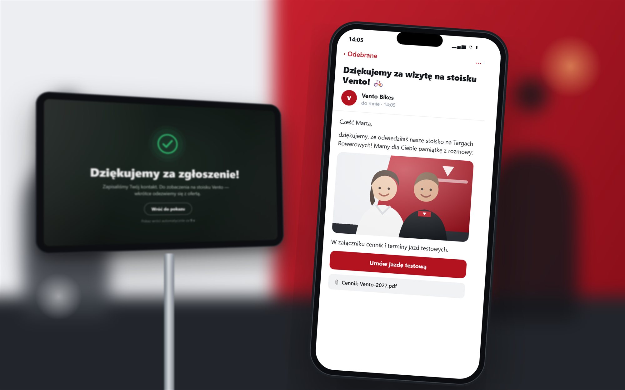 Telefon klienta z mailem od wystawcy ze wspólnym zdjęciem ze stoiska